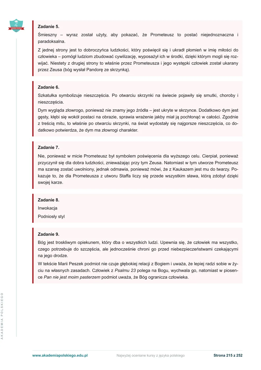 Strona klucza z przykładowymi rozwiązaniami
